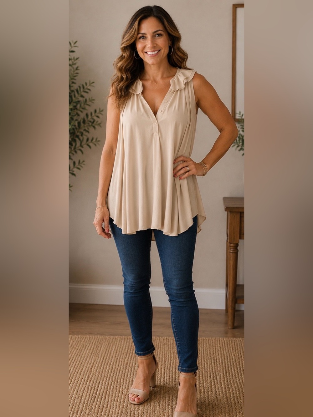 Joseph Ribkoff Sleeveless Ruffle-Neck Flowing Camisole - Beige